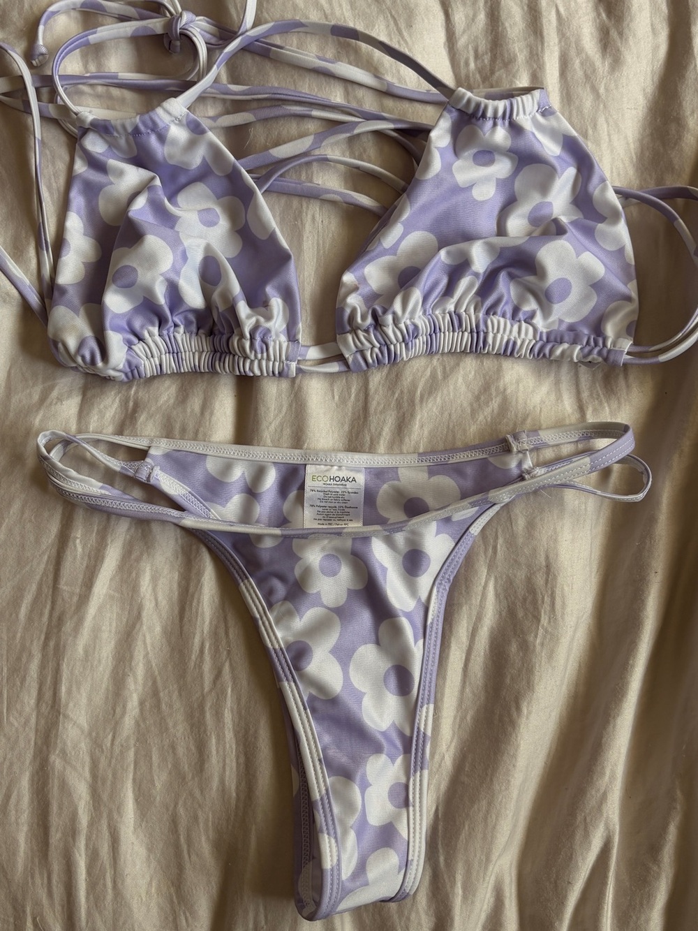 EcoHoaka Lilac & White Floral Strappy Bikini Set | Brand New| Bottom XS | Top XL